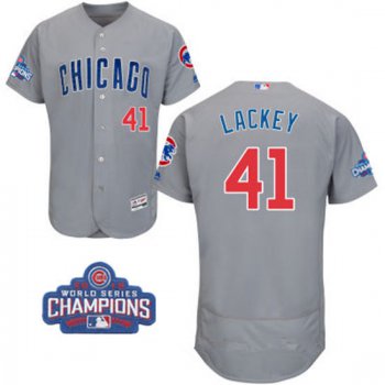 Men's Chicago Cubs #41 John Lackey Gray Road Majestic Flex Base 2016 World Series Champions Patch Jersey