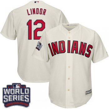 Men's Cleveland Indians #12 Francisco Lindor Cream Alternate 2016 World Series Patch Stitched MLB Majestic Cool Base Jersey