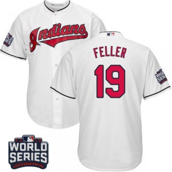 Men's Cleveland Indians #19 Bob Feller White Home 2016 World Series Patch Stitched MLB Majestic Cool Base Jersey