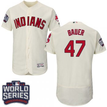 Men's Cleveland Indians #47 Trevor Bauer Cream 2016 World Series Patch Stitched MLB Majestic Flex Base Jersey_