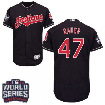 Men's Cleveland Indians #47 Trevor Bauer Navy Blue 2016 World Series Patch Stitched MLB Majestic Flex Base Jersey