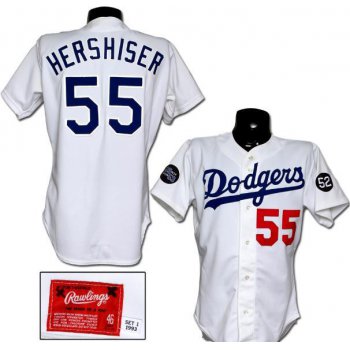 Men's Los Angeles Dodgers 55 Orel Hershiser White 1993 Game Worn Cool Base Jersey