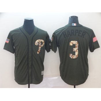 Men's Philadelphia Phillies 3 Bryce Harper Olive Camo Salute To Service Cool Base Jersey