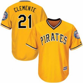 Men's Pittsburgh Pirates 21 Roberto Clemente Yellow 2019 Hall of Fame Induction Patch Throwback Jersey