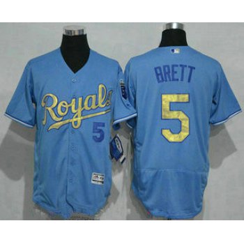 Men's Kansas City Royals #5 George Brett Retired Light Blue 2015 World Series Champions Gold Program Flex Base Jersey