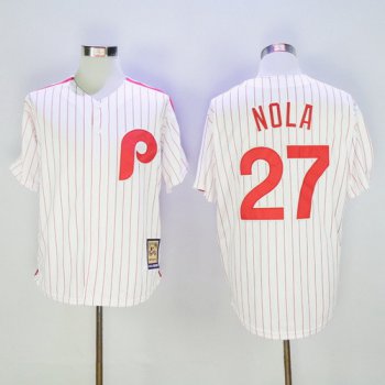 Men's Philadelphia Phillies #27 Aaron Nola White Pinstripe Majestic Cool Base Cooperstown Collection Jersey