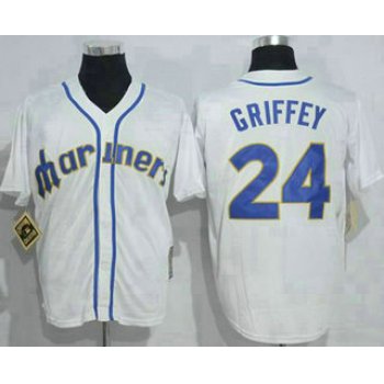 Men's Seattle Mariners #24 Ken Griffey White Throwback Mitchell And Ness Stitched MLB Jersey