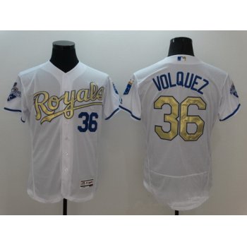 Men's Kansas City Royals #36 Edinson Volquez Majestic White World Series Champions Gold Program FlexBase Player Jersey