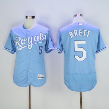 Men's Kansas City Royals #5 George Brett Retired Light Blue 2015 World Series Champions Gold Program FlexBase Jersey