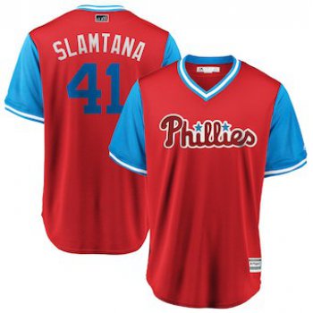 Men's Philadelphia Phillies 41 Carlos Santana Slamtana Majestic Scarlet 2018 Players' Weekend Cool Base Jersey