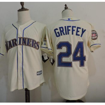 Men's Seattle Mariners #24 Ken Griffey Jr. Cream Cooperstown Collection Cool Base Jersey w2016 Hall Of Fame Patch