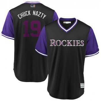 Men's Colorado Rockies 19 Charlie Blackmon Chuck Nazty Majestic Black 2018 Players' Weekend Cool Base Jersey