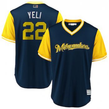 Men's Milwaukee Brewers 22 Christian Yelich Yeli Majestic Navy 2018 Players' Weekend Cool Base Jersey