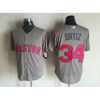 Men's Boston Red Sox #34 David Ortiz Gray With Pink 2016 Mother's Day Baseball Cool Base Jersey