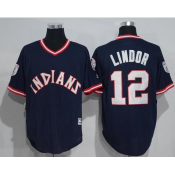 Men's Cleveland Indians #12 Francisco Lindor Navy Blue Pullover Majestic 1976 Turn Back the Clock Jersey