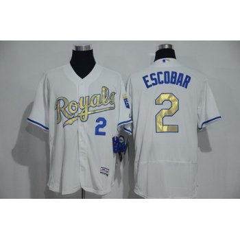 Men's Kansas City Royals #2 Alcides Escobar White World Series Champions Gold Program FlexBase Player Jersey