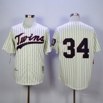 Men's Minnesota Twins #34 Kirby Puckett Retired 1969 Cream Pinstirpe Mitchell & Ness Throwback Jersey