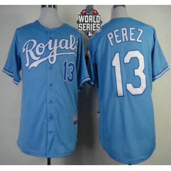 Men's Kansas City Royals #13 Salvador Perez Light Blue Alternate Baseball Jersey With 2015 World Series Patch