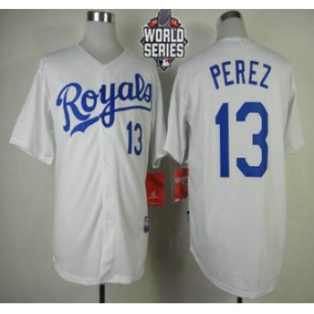 Men's Kansas City Royals #13 Salvador Perez White Home Baseball Jersey With 2015 World Series Patch