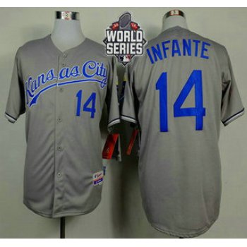 Men's Kansas City Royals #14 Omar Infante Gray Away Baseball Jersey With 2015 World Series Patch