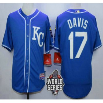 Men's Kansas City Royals #17 Wade Davis KC Blue Alternate Baseball Jersey With 2015 World Series Patch