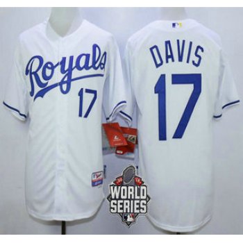 Men's Kansas City Royals #17 Wade Davis White Home Baseball Jersey With 2015 World Series Patch