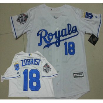 Men's Kansas City Royals #18 Ben Zobrist White Home Baseball Jersey With 2015 World Series Patch