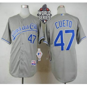 Men's Kansas City Royals #47 Johnny Cueto Gray Away Baseball Jersey With 2015 World Series Patch