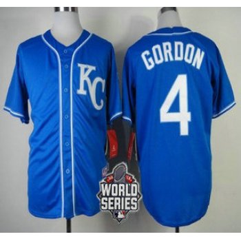 Men's Kansas City Royals #4 Alex Gordon KC Blue Alternate Baseball Jersey With 2015 World Series Patch