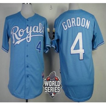 Men's Kansas City Royals #4 Alex Gordon Light Blue Alternate Baseball Jersey With 2015 World Series Patch