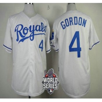 Men's Kansas City Royals #4 Alex Gordon White Home Baseball Jersey With 2015 World Series Patch