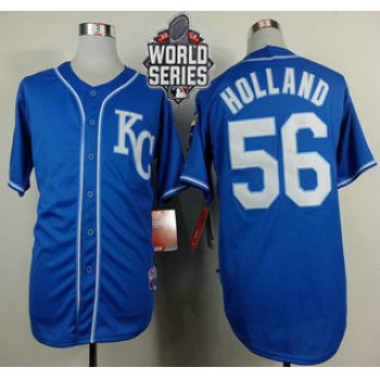 Men's Kansas City Royals #56 Greg Holland KC Blue Alternate Baseball Jersey With 2015 World Series Patch