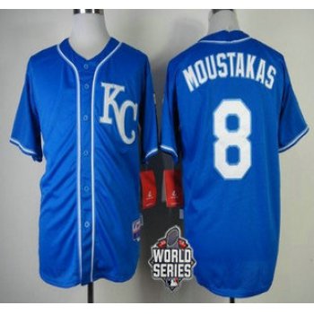 Men's Kansas City Royals #8 Mike Moustakas KC Blue Alternate Baseball Jersey With 2015 World Series Patch