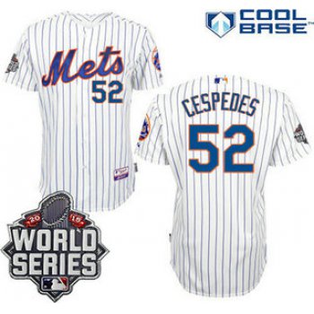 Men's New York Mets #52 Yoenis Cespedes Home White Pinstripe 2015 World Series Patch Jersey