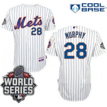 New York Mets Authentic #28 Daniel Murphy Home White Pinstripe 2015 World Series Patch Jersey