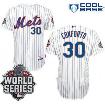 New York Mets Authentic #30 Michael Conforto Home White Pinstripe Jersey with 2015 World Series Participant Patch