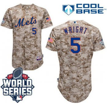 New York Mets Authentic #5 David Wright Camo Jersey with 2015 World Series Participant Patch