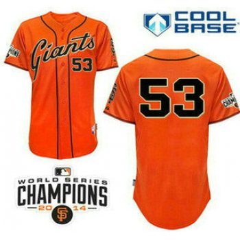 Men's San Francisco Giants #53 Chris Heston Alternate Orange Stitched MLB Cool Base Jersey With 2014 World Series Champions Patch