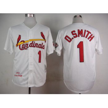 Men's St. Louis Cardinals #1 Ozzie Smith 1992 White Mitchell & Ness Throwback Jersey