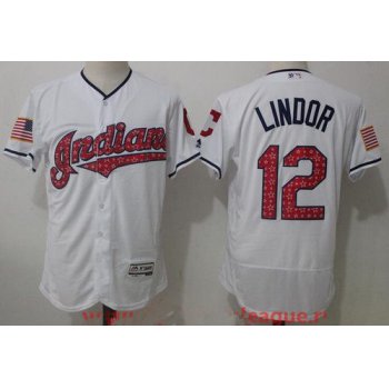 Men's Cleveland Indians #12 Francisco Lindor White 2017 Stars & Stripes Stitched MLB Majestic Flex Base Jersey