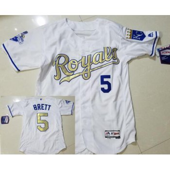 Men's Kansas City Royals #5 George Brett Retired White World Series Champions Gold Program Flex Base Jersey