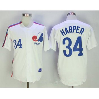 Men's Montreal Expos #34 Bryce Harper Majestic 1982 White Stitched MLB Cooperstown Collection Jersey