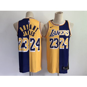 Men Los Angeles Lakers 24 Bryant 23 james purple yellow split special 2021 nike nba jersey