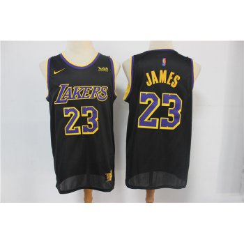 Men's Los Angeles Lakers #23 LeBron James Black Nike Swingman 2021 Earned Edition Stitched Jersey With NEW Sponsor Logo