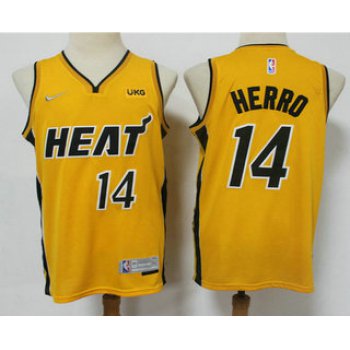 Men's Miami Heat #14 Tyler Herro Yellow Nike Swingman 2021 Earned Edition Stitched Jersey With NEW Sponsor Logo