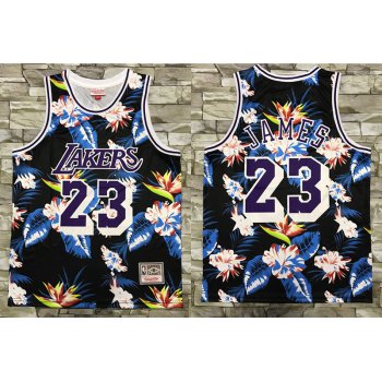 Men's Los Angeles Lakers #23 LeBron James Ness Floral Fashion Hardwood Classics Soul Swingman Throwback Shorts