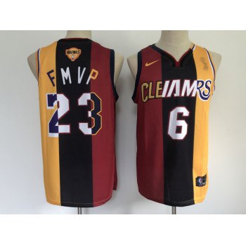 Men's Los Angeles Lakers #6 #23 LeBron James 2020 FMVP Heat Cavaliers Split Dual Number Red Gold Jersey