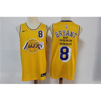 Men's Los Angeles Lakers #8 Kobe Bryant Yellow R.I.P Signed Hardwood Classics Soul Swingman Throwback Jersey