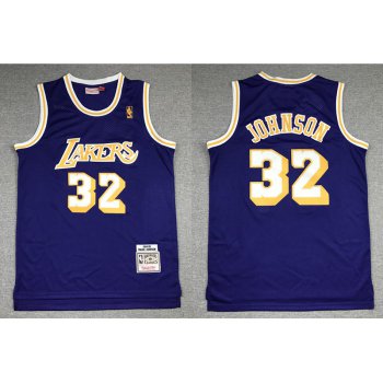 Men's Los Angeles Lakers #32 Magic Johnson Purple Gold NBA Hardwood Classics Soul Swingman Throwback Jersey