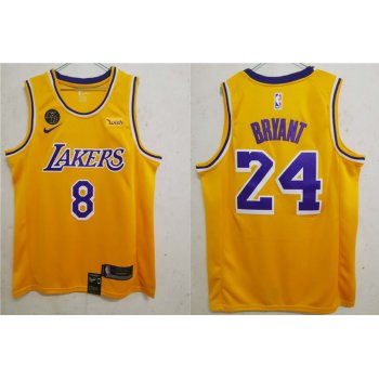 Men's Los Angeles Lakers #8 #24 Kobe Bryant Yellow With KB Patch 2020 Nike Wish Swingman Stitched NBA Jersey